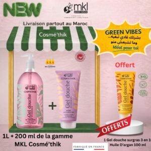 Pack gel douche surgras cerisiers 1L mure sauvage bio 200ml argan bio 100ml offert MKL Cosmethik Maroc