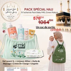 Pack special hajj bebe bio Baby Green MKL gel lavant liniment huile massage creme change lingettes sac sortie offert Maroc