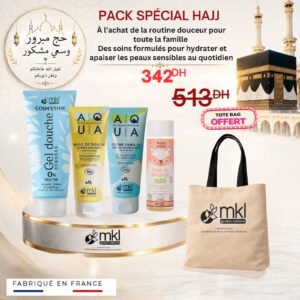 Pack special hajj bio famille MKL gel neutre huile dermo creme famille huile massage bebe tote bag offert