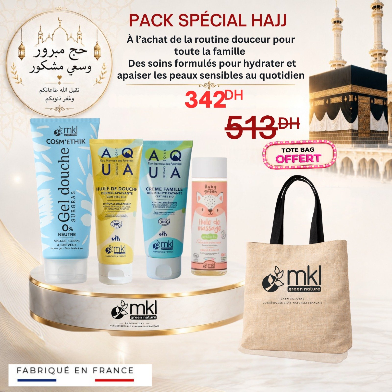 Pack special hajj bio famille MKL gel neutre huile dermo creme famille huile massage bebe tote bag offert