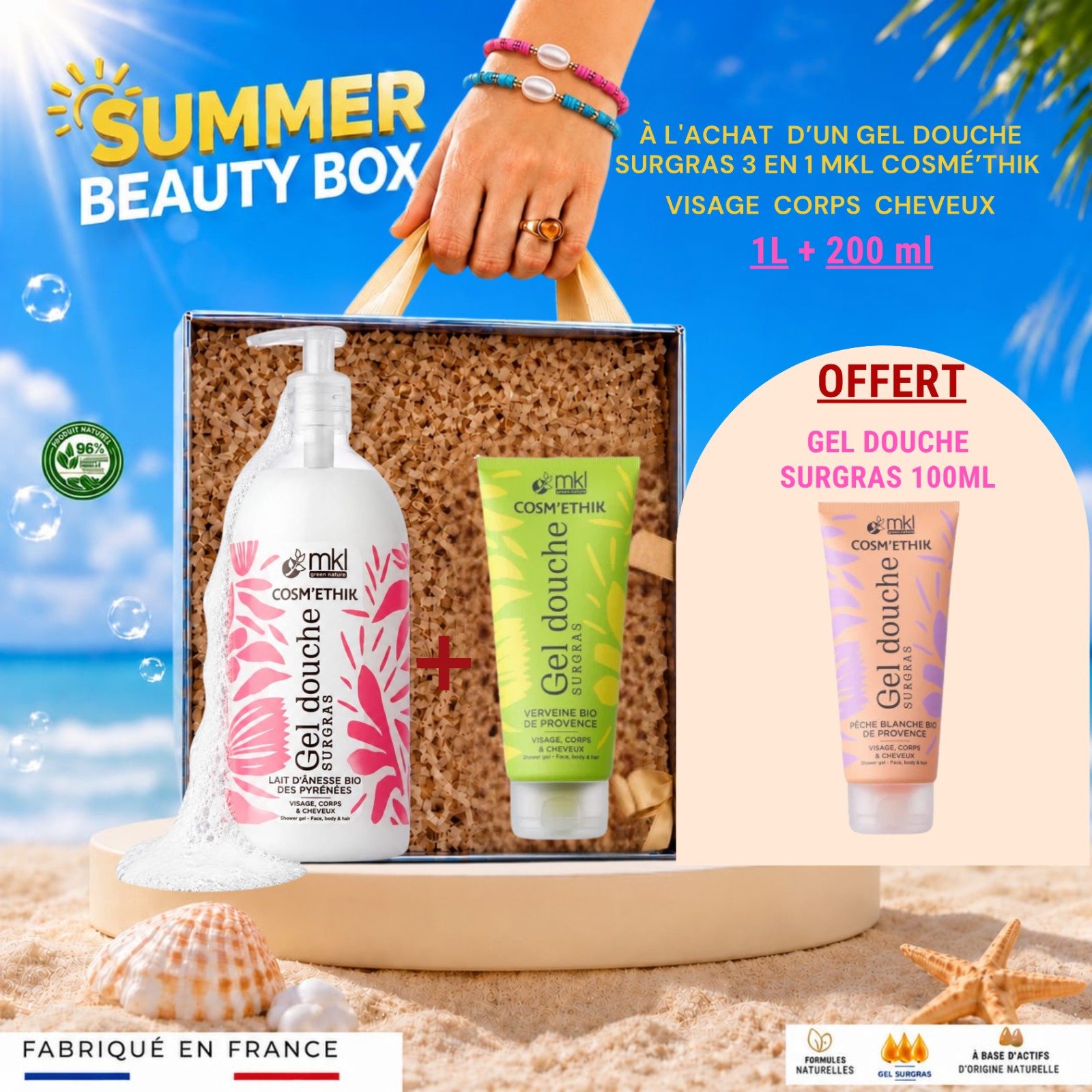gel douche lait d anesse bio surgras summer beauty box mkl 1L verveine peche blanche offert fabriqueen france